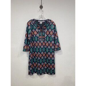 Gretchen Scott Tunic Dress Womens Medium Geometric Print 3/4 Sleeve Boho